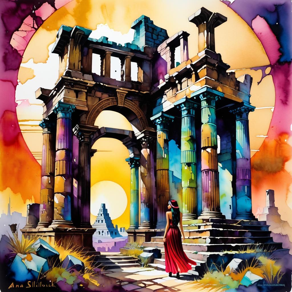 Bohemian Traveler in Dystopian Ruins: Alcohol-Ink Art
