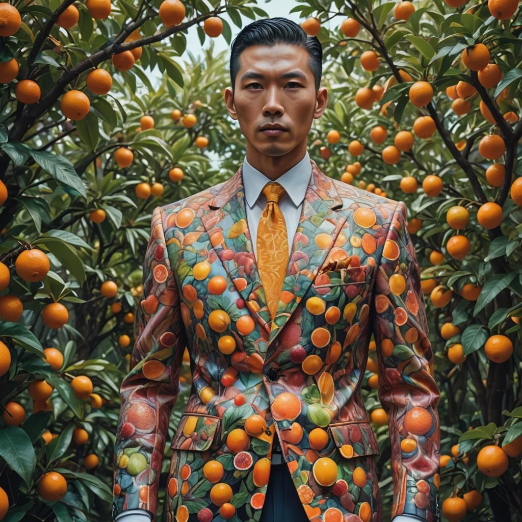 Cyberpunk Fruit Couture in a Lush Garden