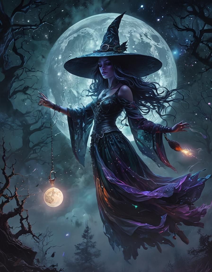 Witch Flying to Cast Spell on Foggy Night