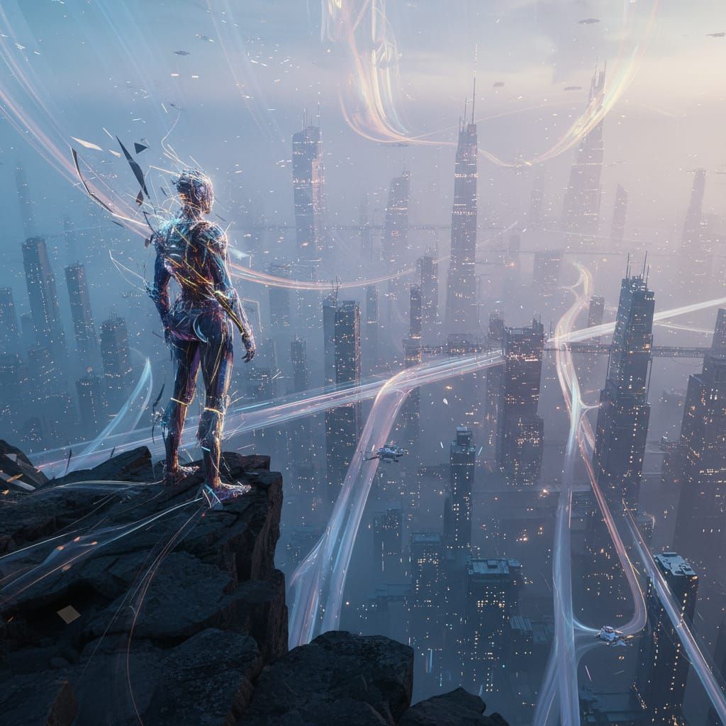 Weathered Robot Overlooks Hazy Futuristic City at Night