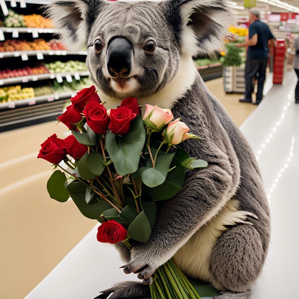 Koala with Roses in Grocery Store Photograph