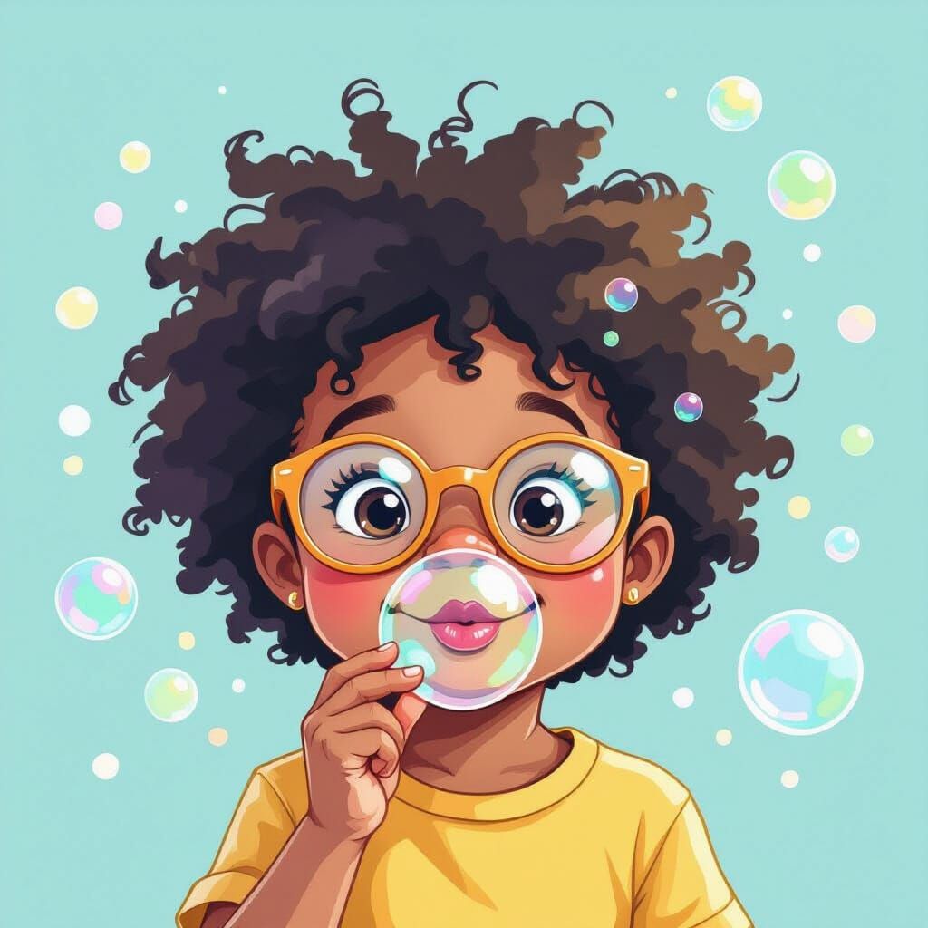 Cute Kid Blowing Bubbles in Pastel Illustration