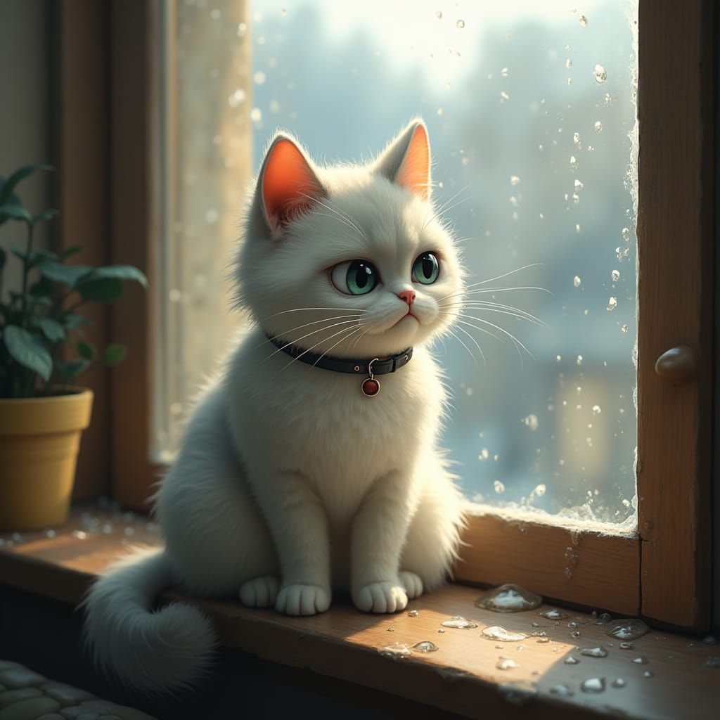 Grumpy Cat on Rainy Day, Illustration Style