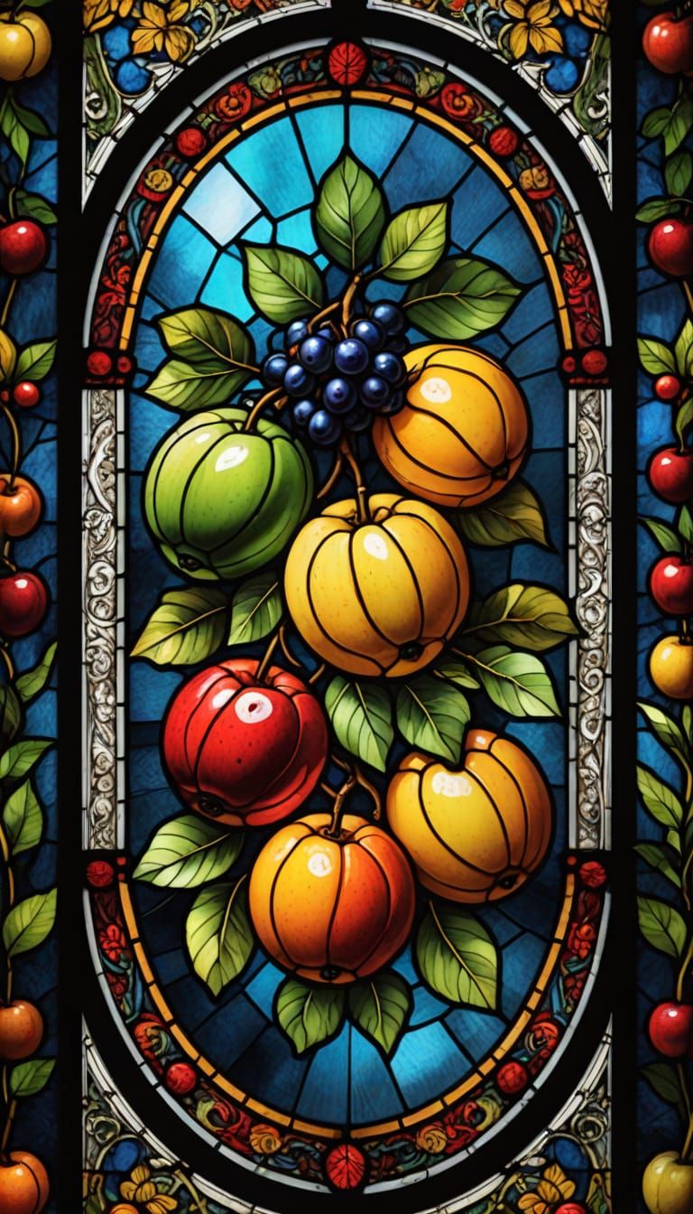 Hyperrealistic Stained Glass Fruits in Vibrant Color