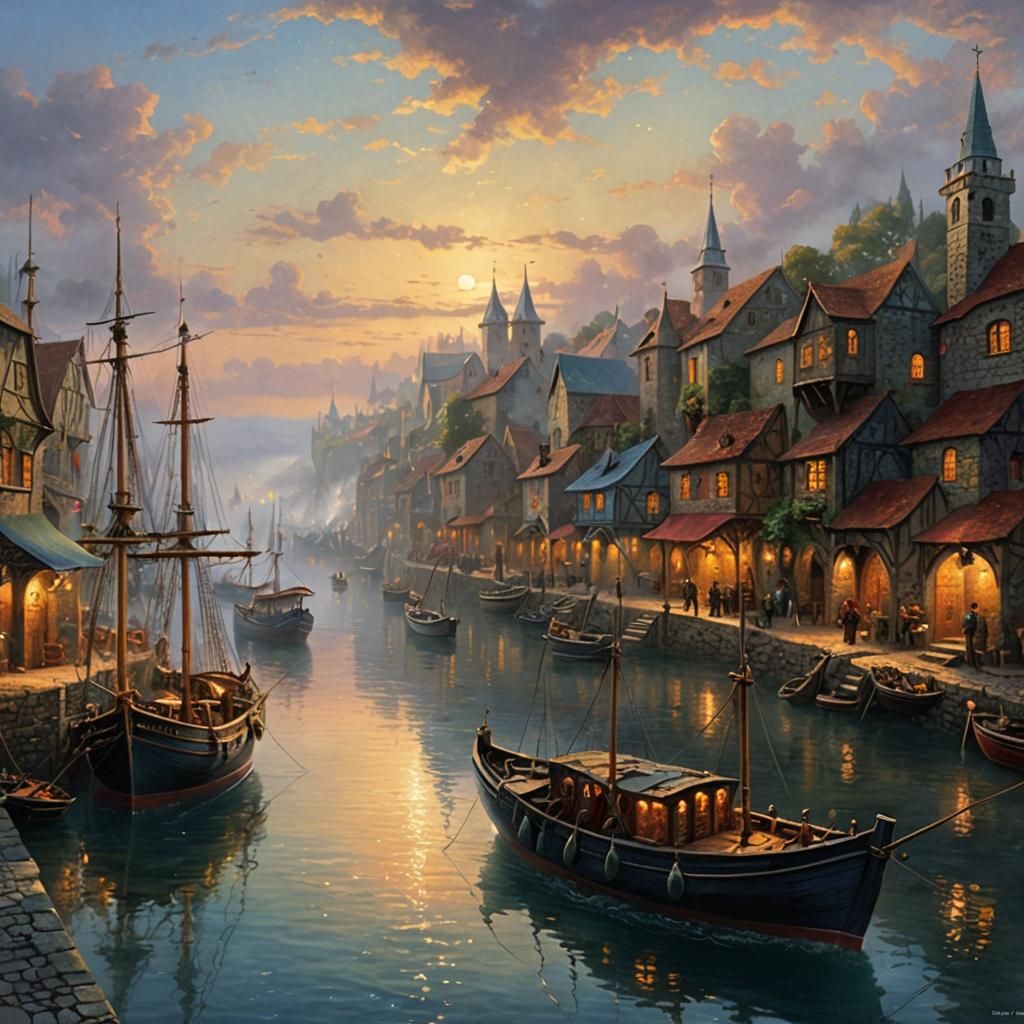 Medieval Port with Fishing Boats in Ethereal Mist