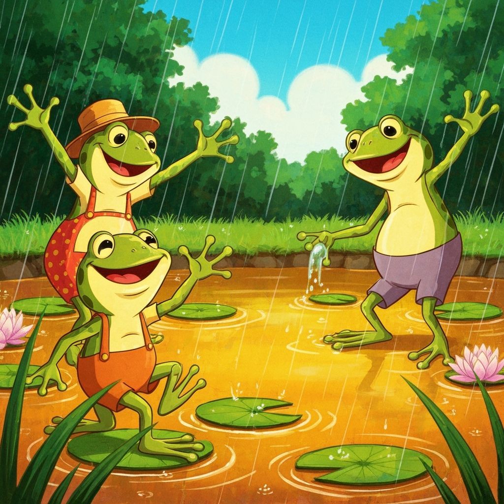 Cartoon Frogs Singing and Playing Guitar on Lily Pads in Sum...