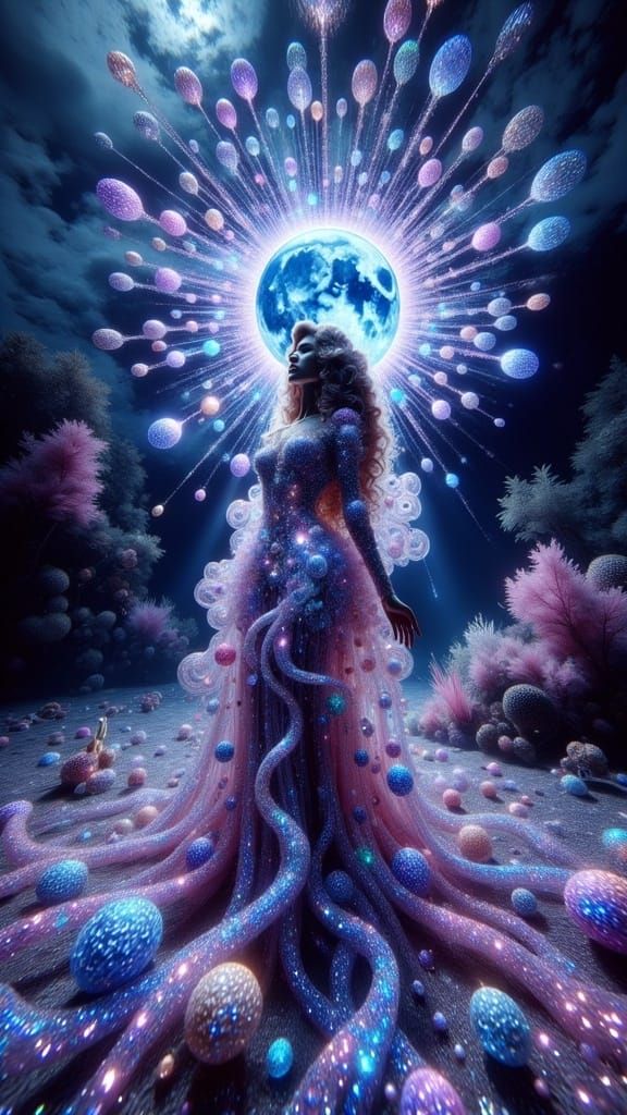 <lora:Enchanted woman:1.0> Underwater photograph of Vyrion, the Nebular Sentinel, is an ancient being of pure starlight ...