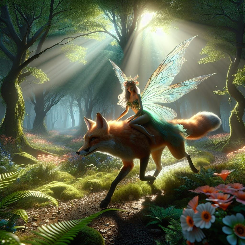 Fairy and Fox in Luminous Forest Illustration