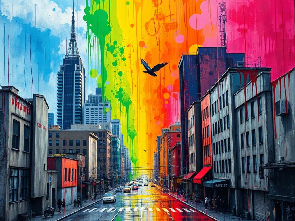 A rainbow dripping colourful paint onto a grey city