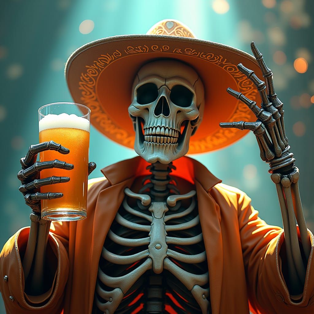 Happy Skeleton with Beer in Art Nouveau Style
