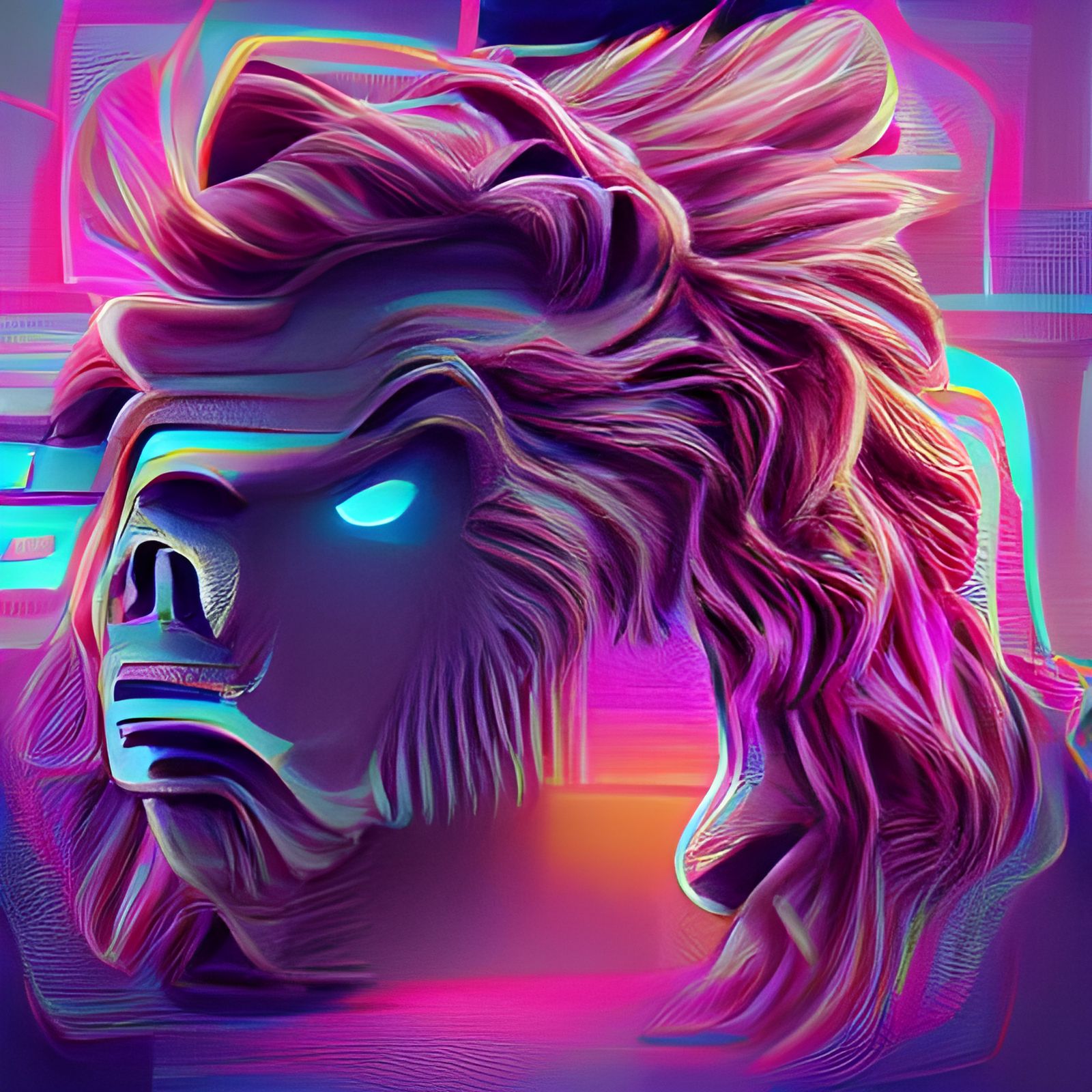 Neon Lion Head in Synthwave Retro Style