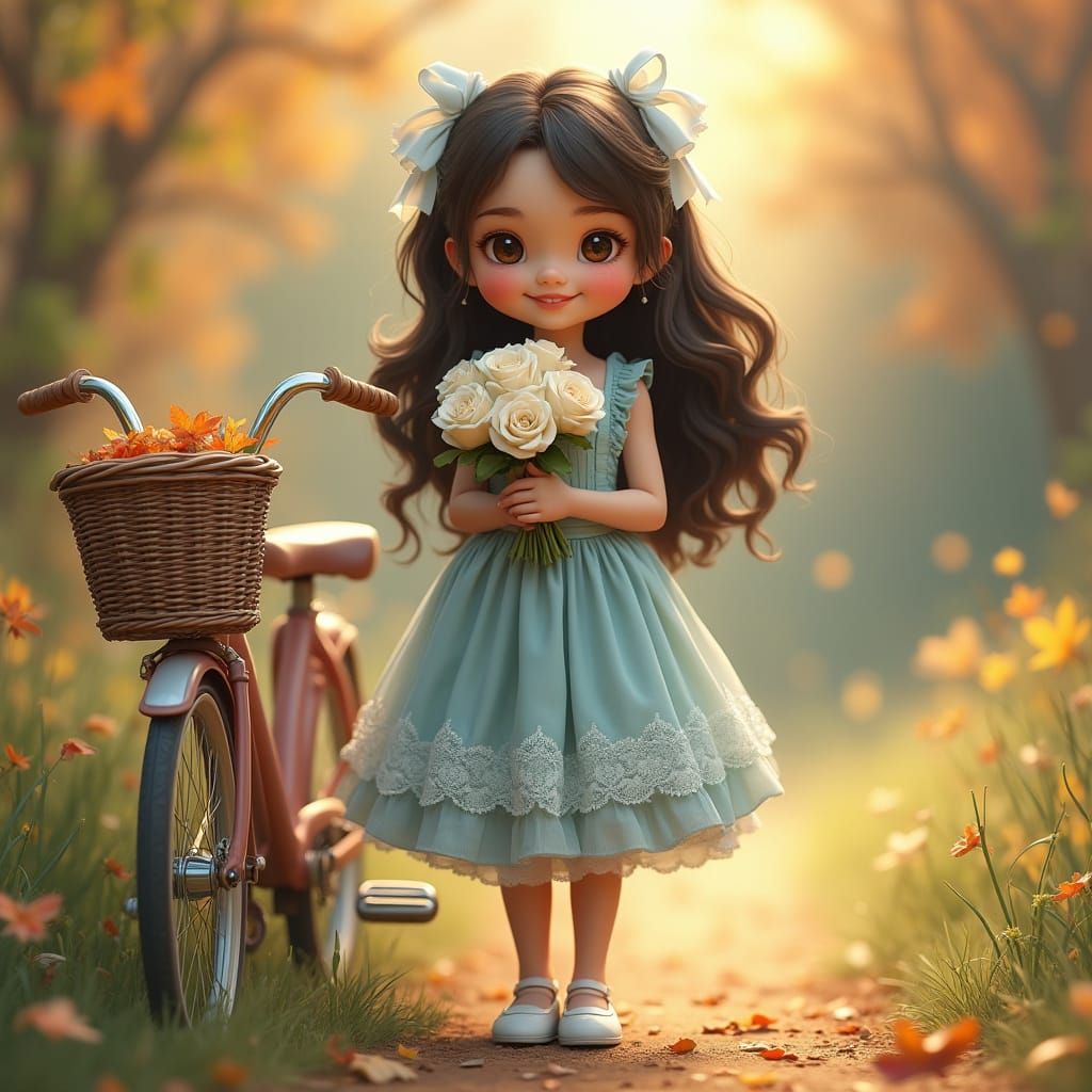 Little Girl in Blue Ruffle Dress with White Ribbon and Bouqu...