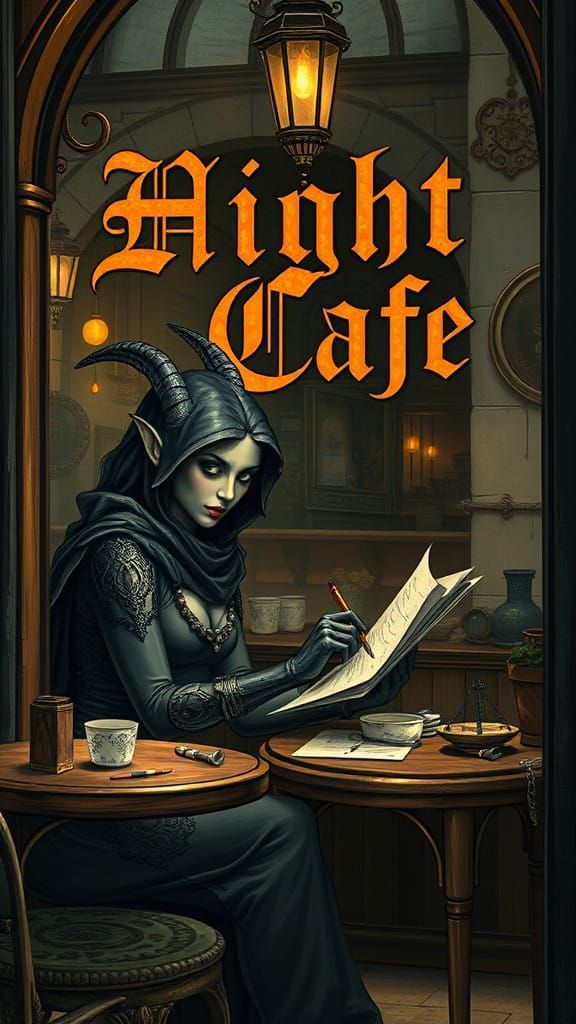 Gothic Female Orc Creates Art in a Mysterious Night Cafe