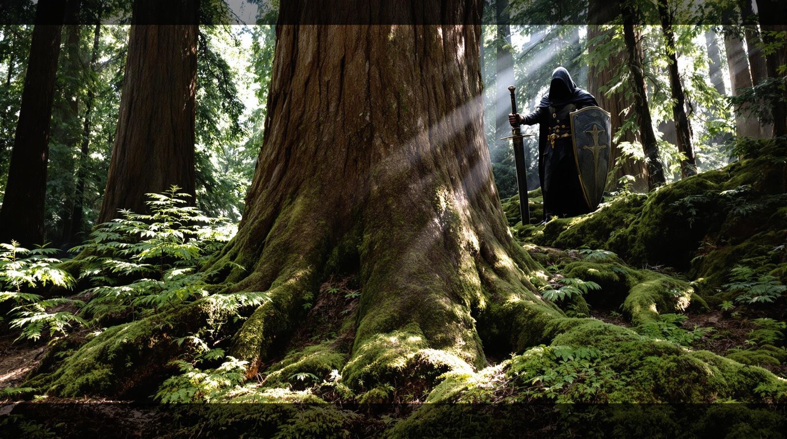 Medieval Warrior Emerges from Ancient Forest Shadows