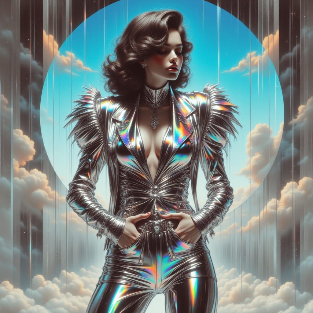 Hyperrealistic Woman in Retro-Futuristic Pin-Up Pose
