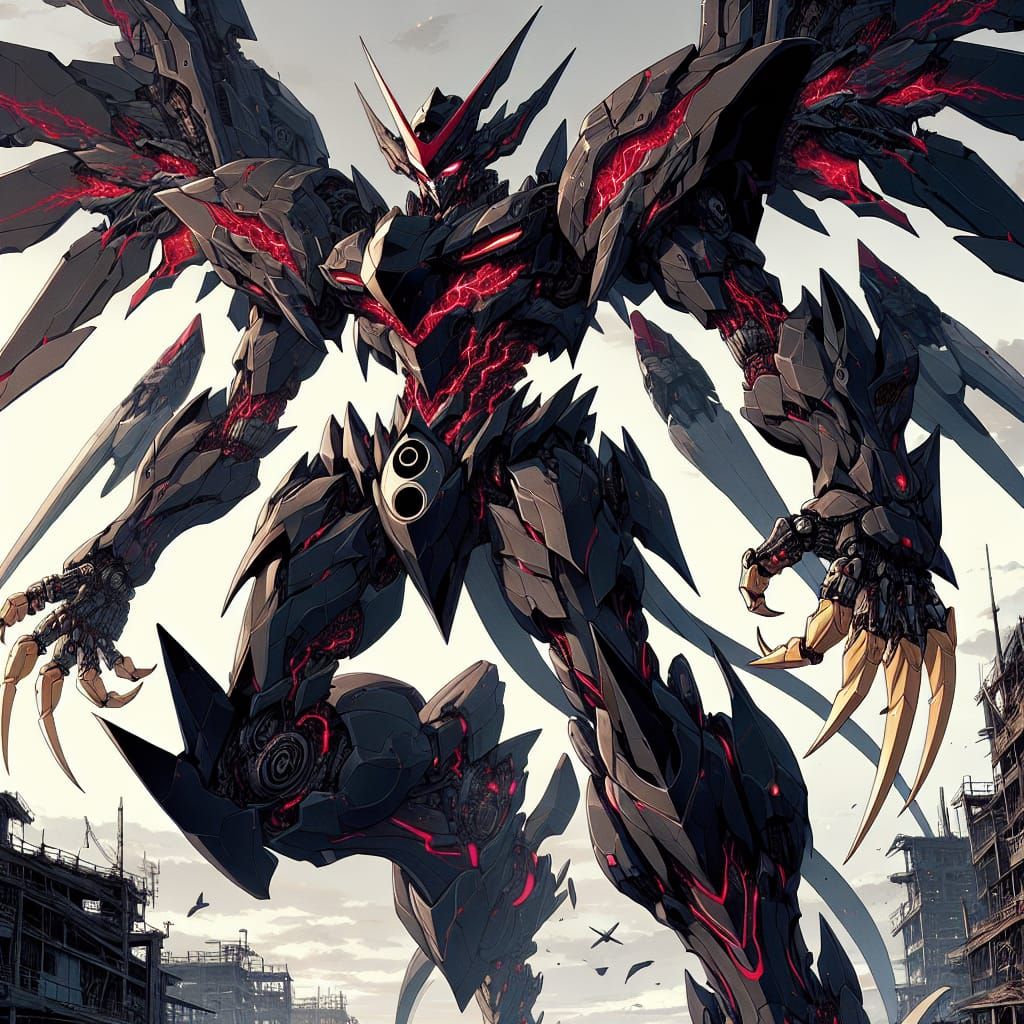 Cyberpunk Anime Mech Soaring Over Ruined City