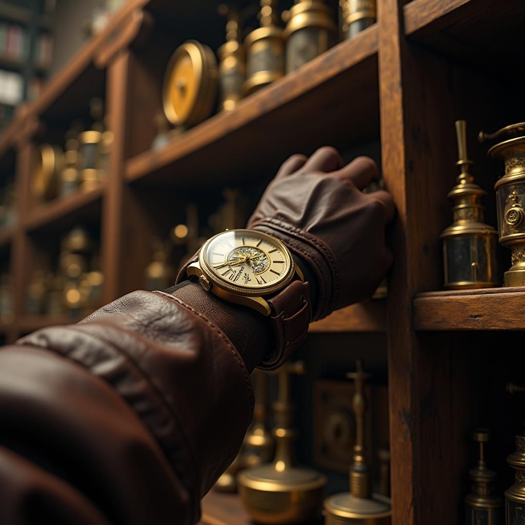 Steampunk Hand Reaches for Item on Store Shelf