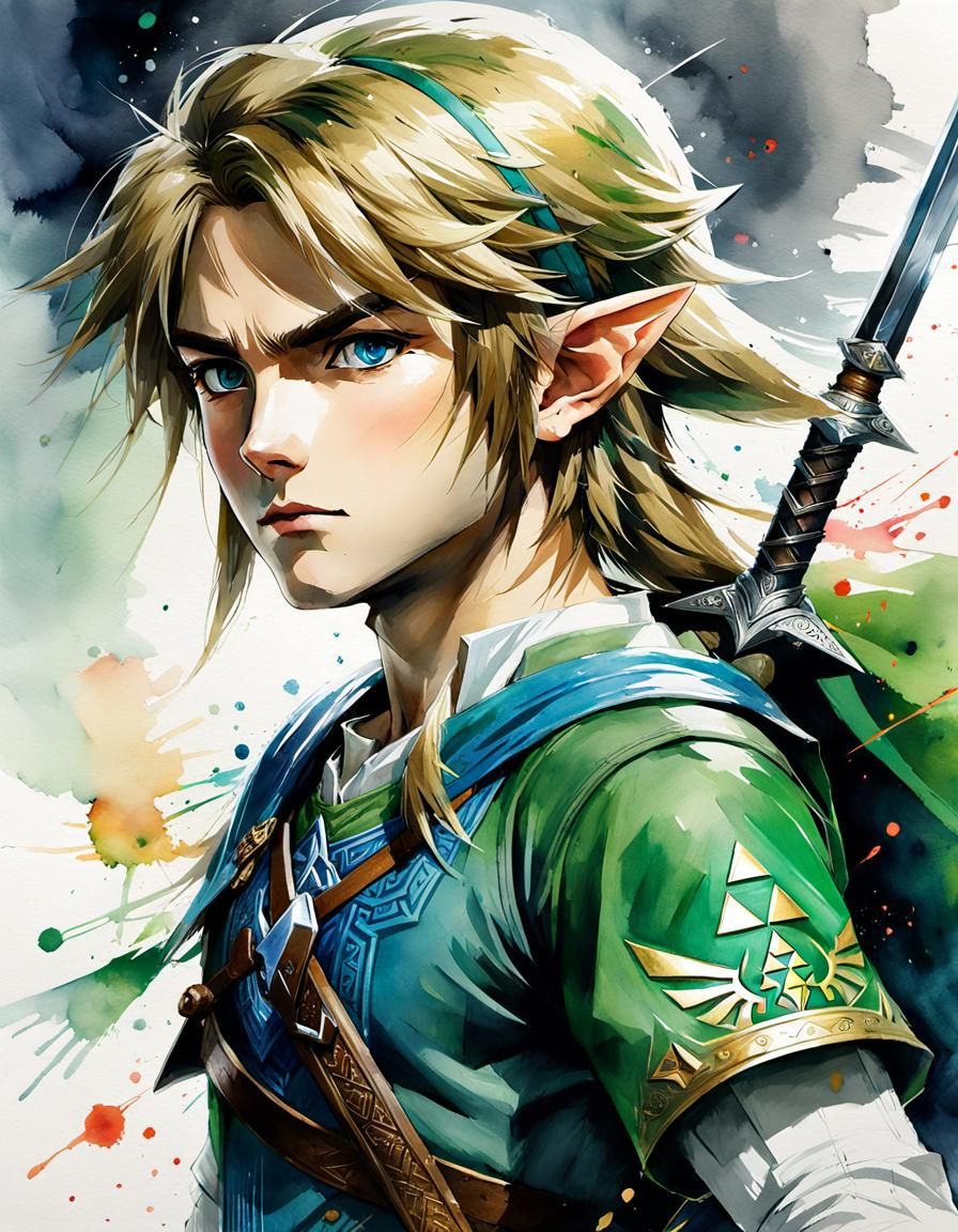Watercolor Portrait of Link from Legend of Zelda