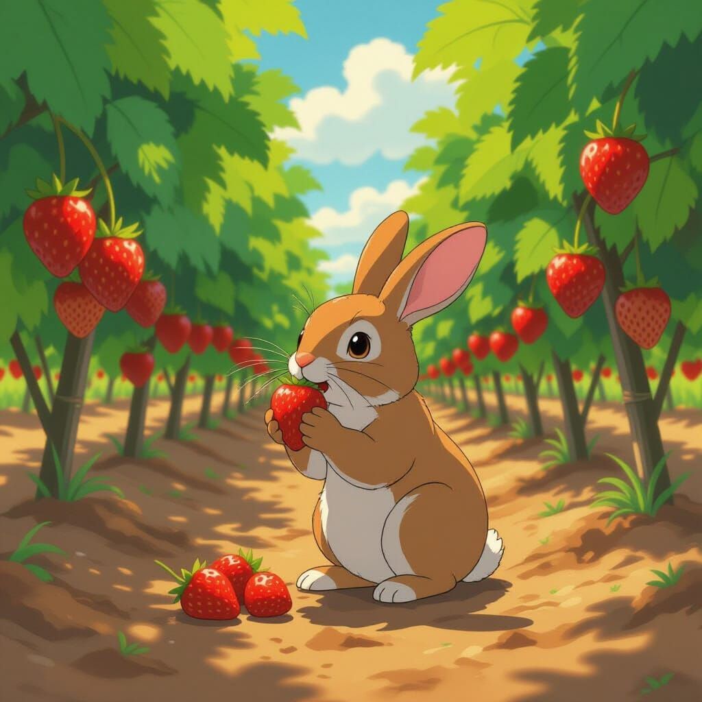 Rabbit in Strawberry Orchard: Ghibli-Inspired Anime