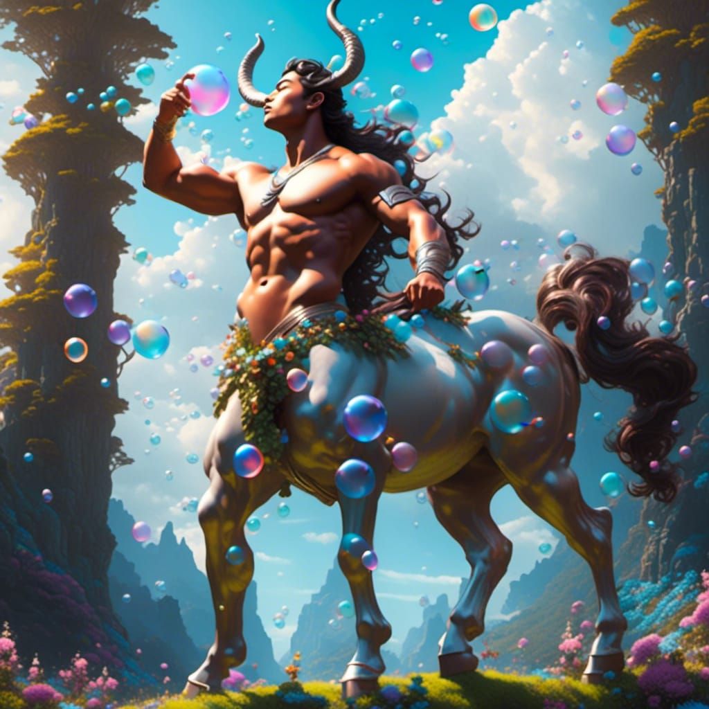 Graceful Centaur Blowing Iridescent Bubbles in Meadow