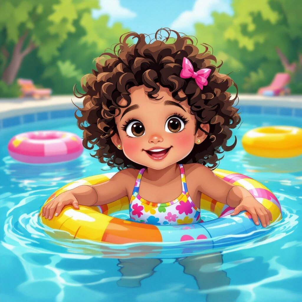 Girl Swimming in Pool in Cartoon Style