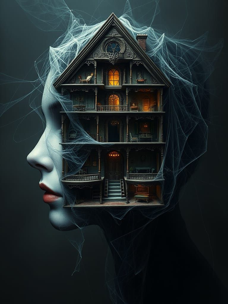 Woman's Head Transforms into Gothic Dollhouse with Intricate...