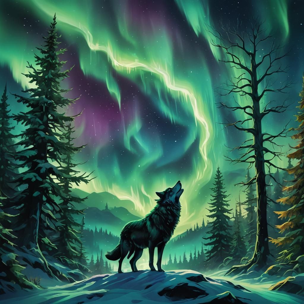 Mystical Forest Bathed in Northern Lights