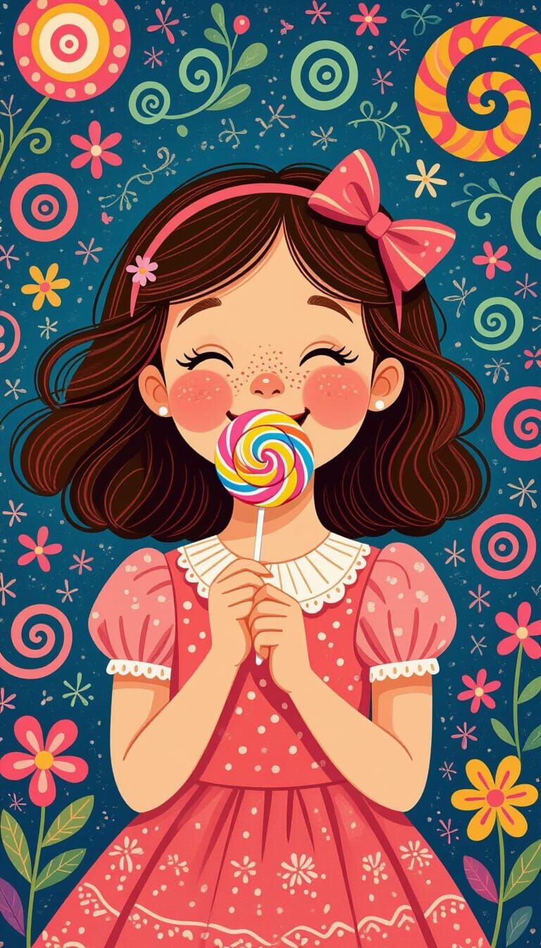 Girl Savoring Lollipop in Whimsical Fantasy Scene