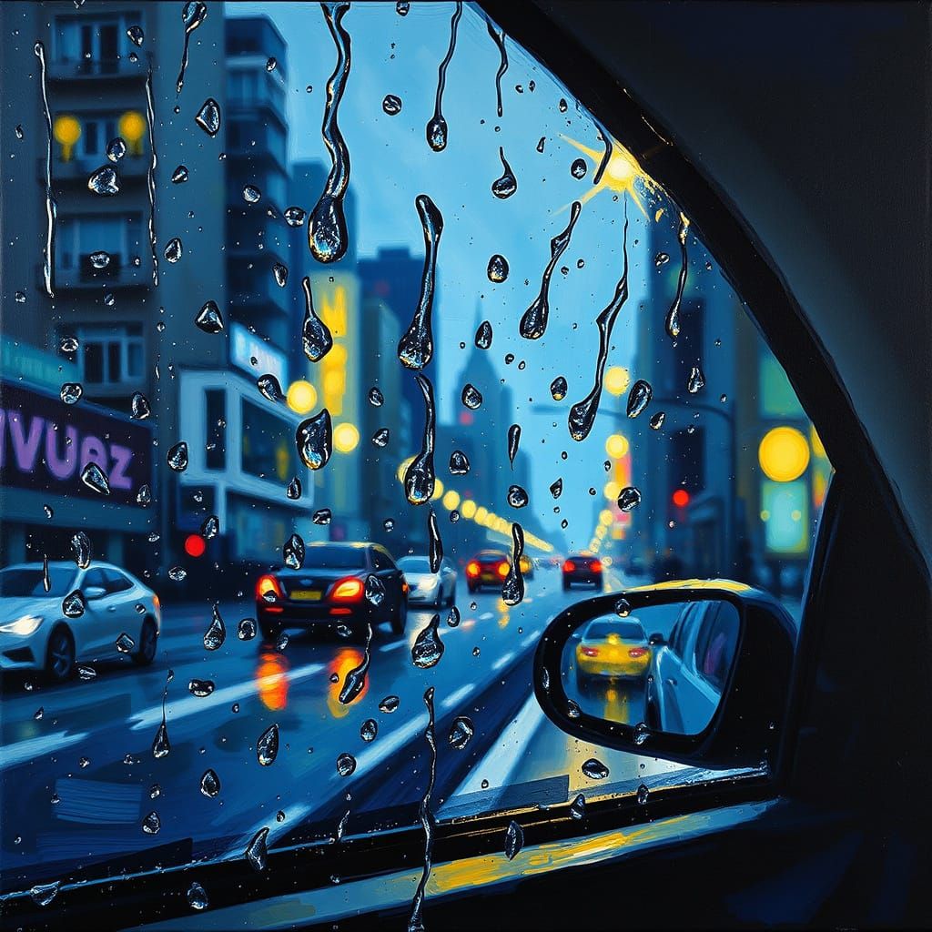 Rainy City Night: Neo-Impressionistic Oil Painting