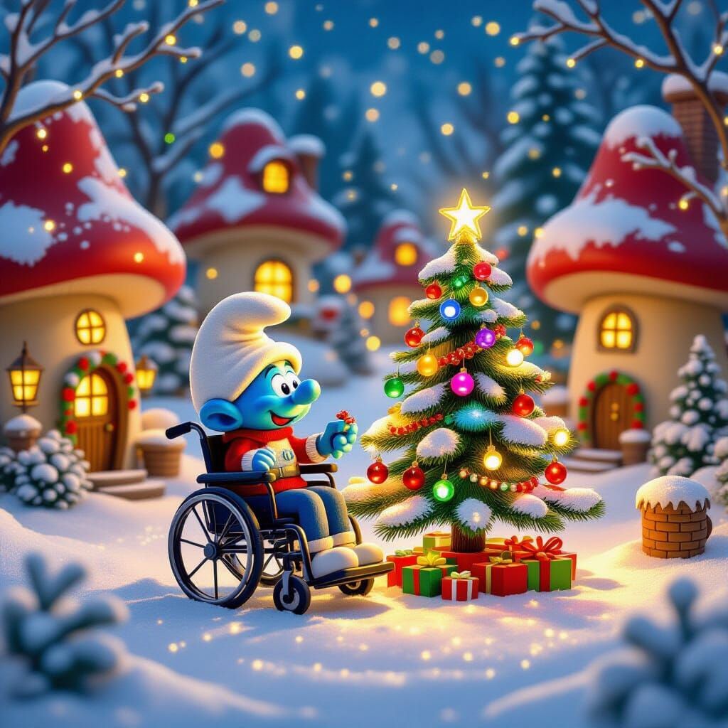 Smurf Village at Christmas with Smurf in Wheelchair