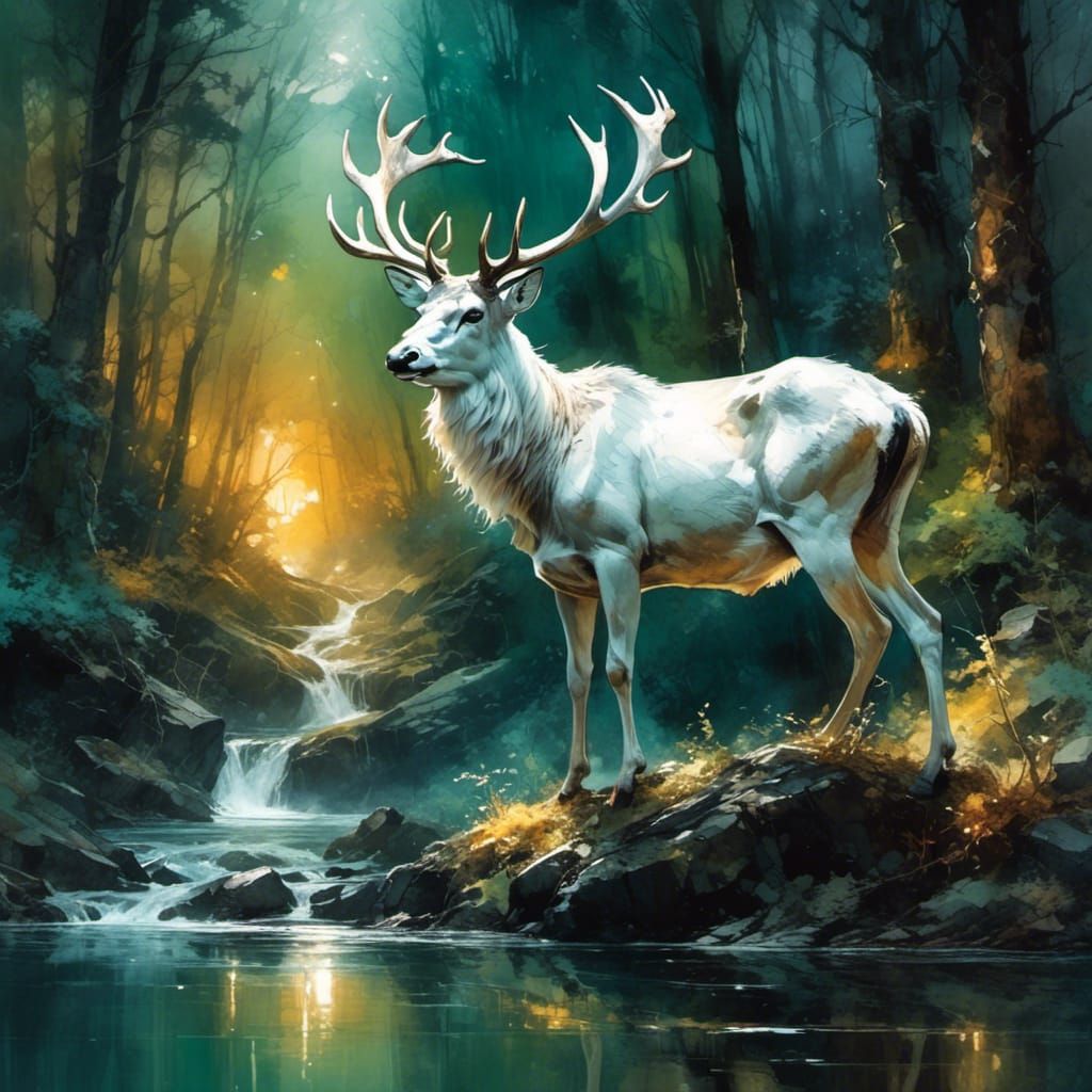 Majestic White Stag in Forest with Magical Glow