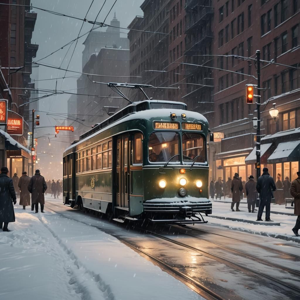 1940s Streetcar in Winter, Hyperdetailed Digital Art