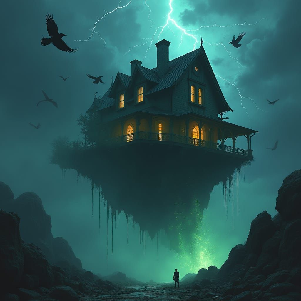 Floating House in Stormy Sky with Ethereal Chains