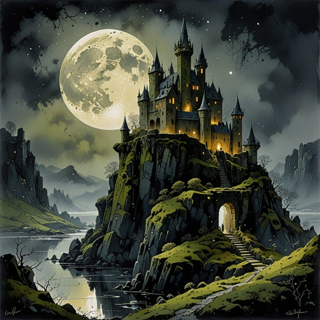 Grimdark Fortress Under Moonlight in Painterly Style
