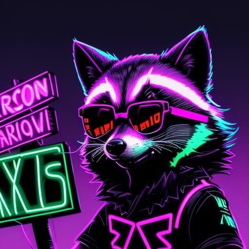Retro-Futuristic Raccoon Rules with Neon Noir Style