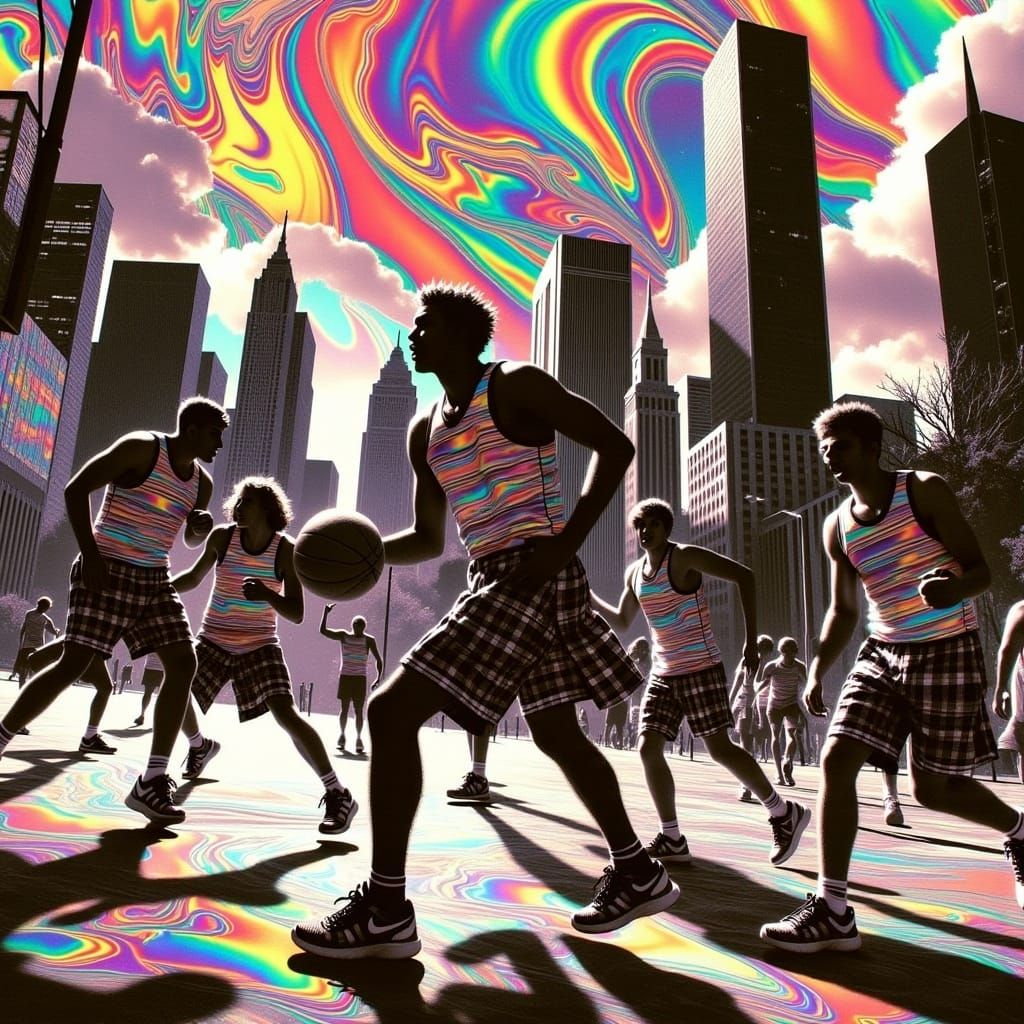 Athletes in Modern Kilts Play Basketball in a Futuristic Cit...