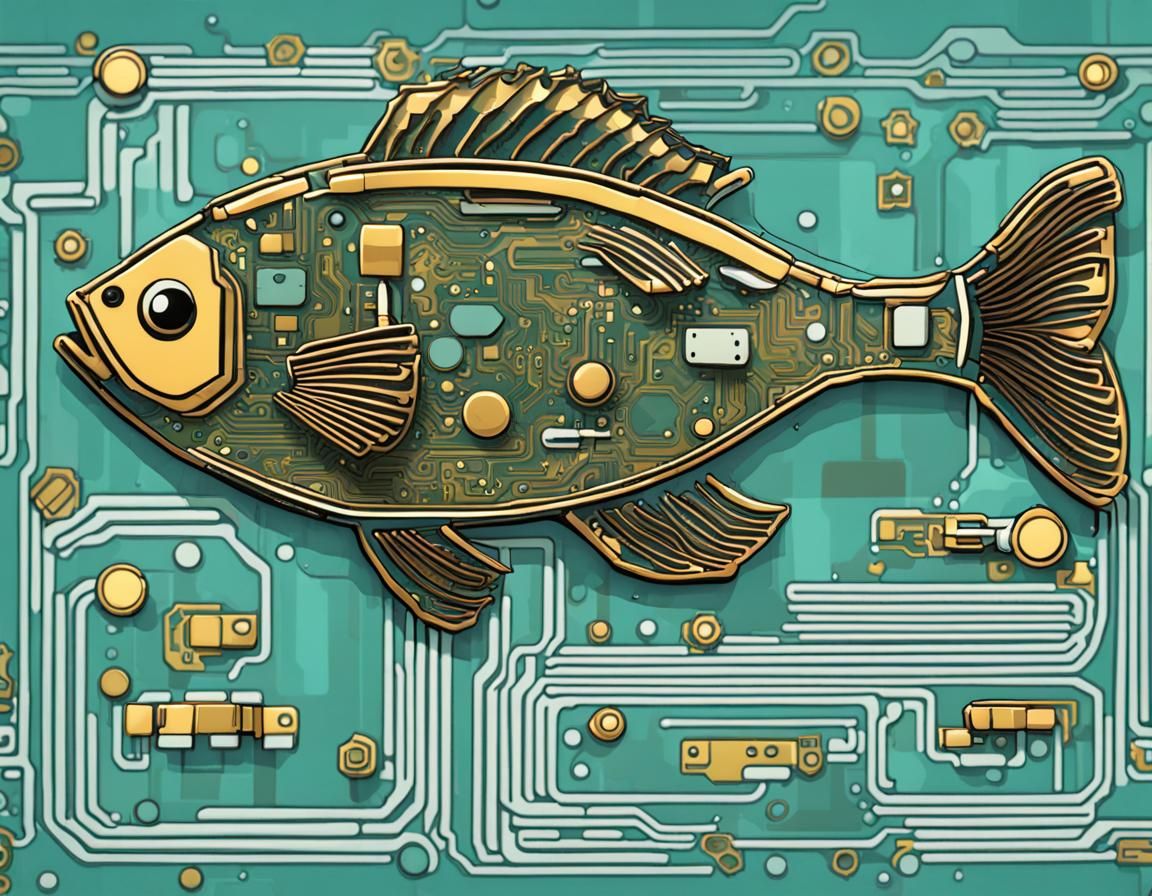 Cartoon Circuit Board Fish in Tech Ocean