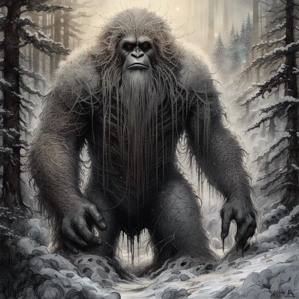 High Gothic Bigfoot Yeti in Snowy Forest