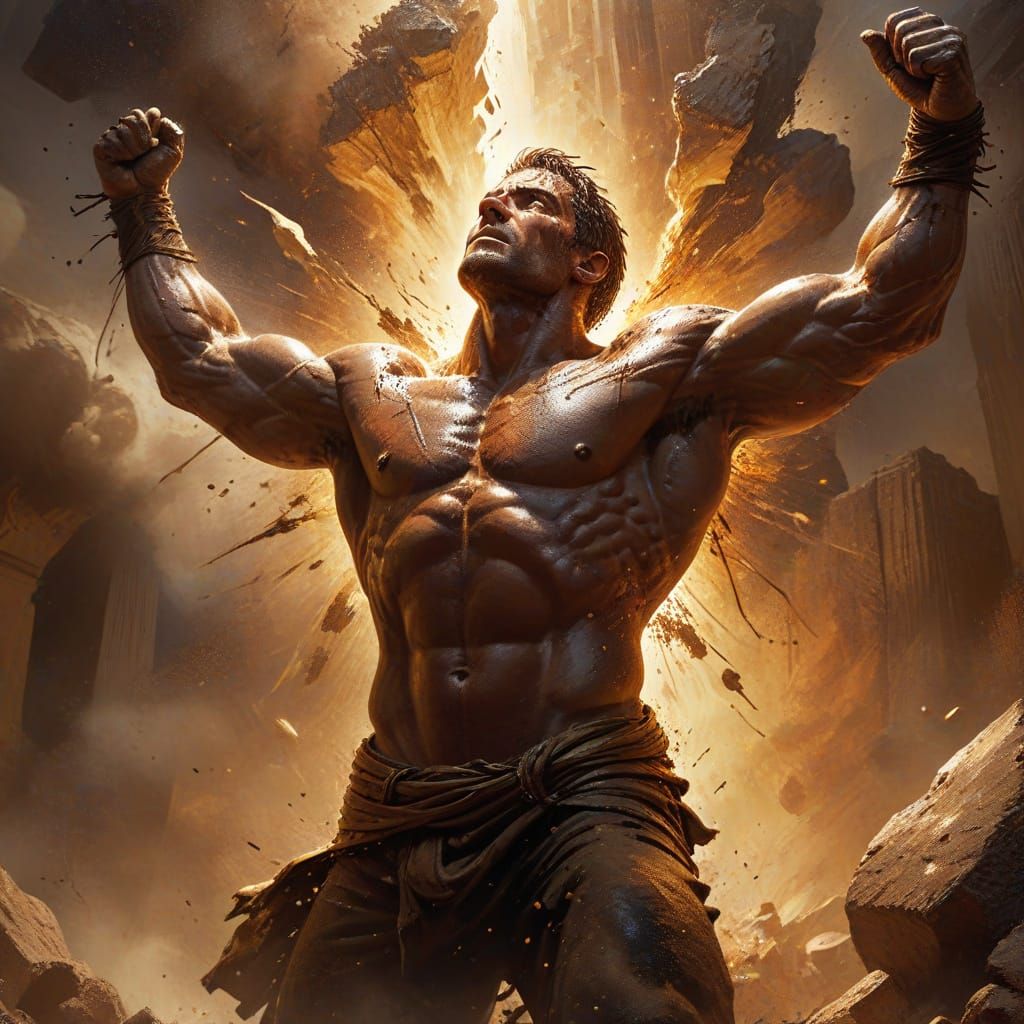 Atlas Raising Thebes: Epic Oil Painting