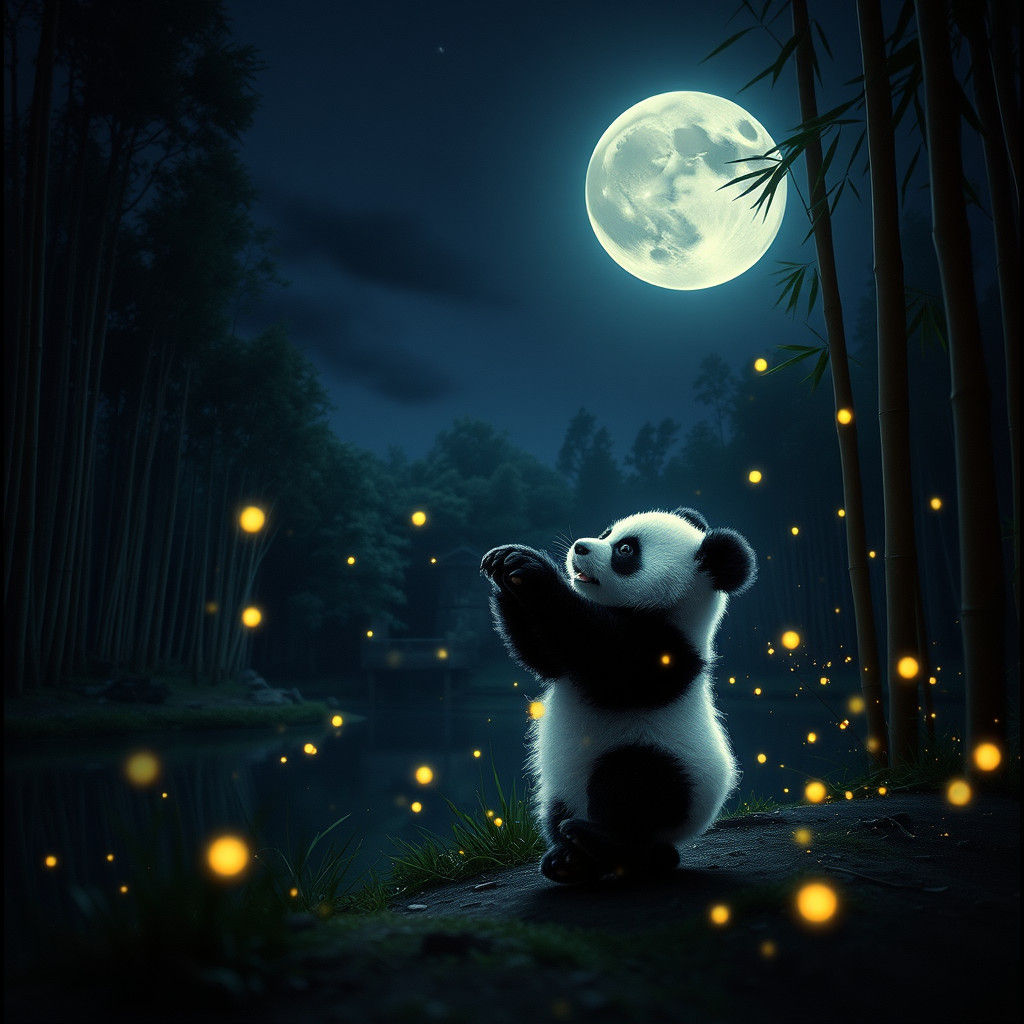 Playful Panda Frolics Under Moonlight: Cinematic Still