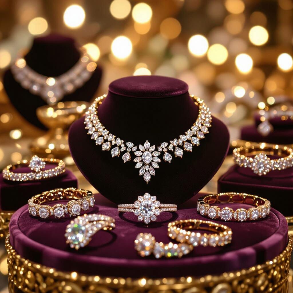 Dazzling Jewelry Display with Sparkling Gemstones and Diamon...