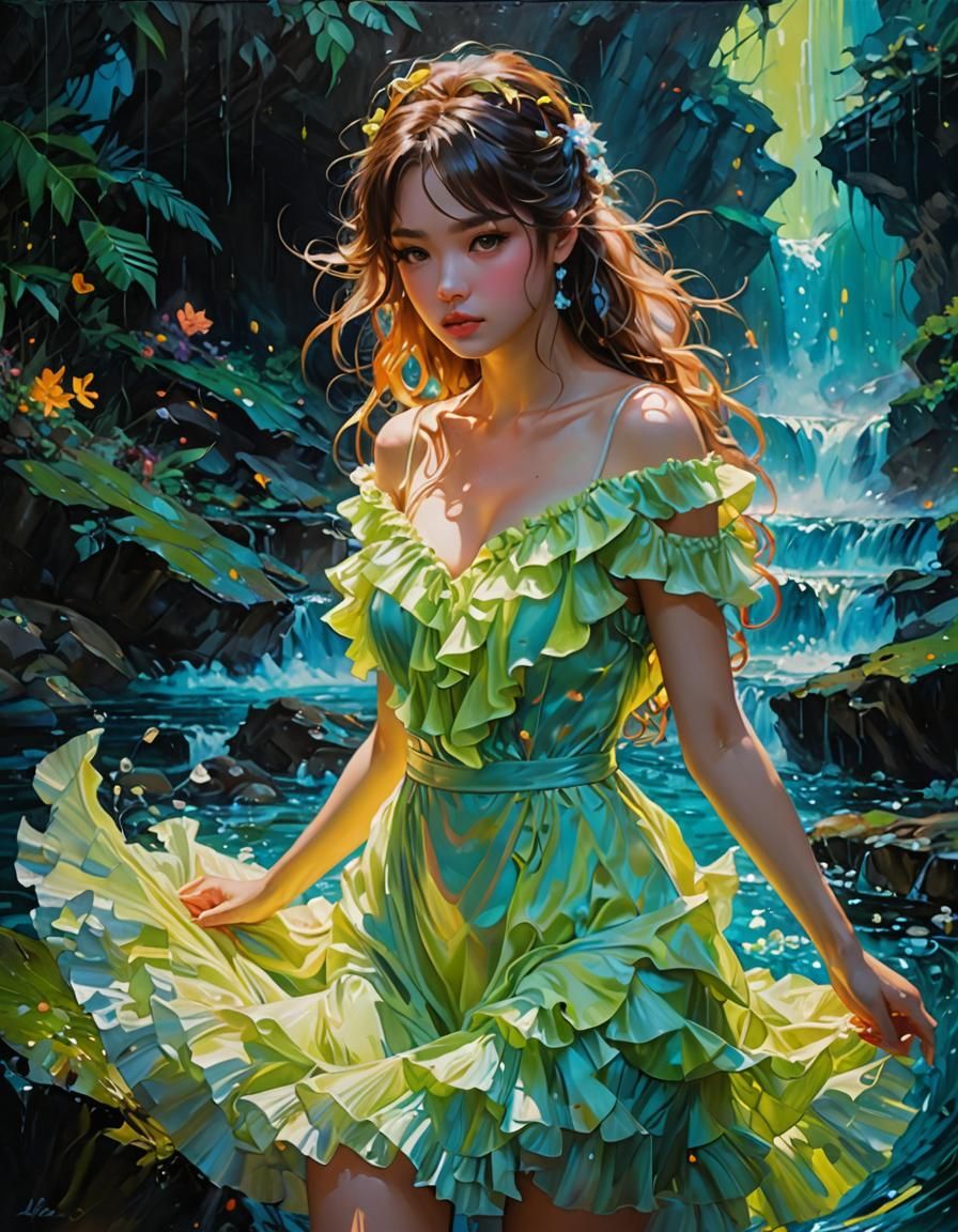 Anime Woman in Flowing Water Dress as Impasto Painting