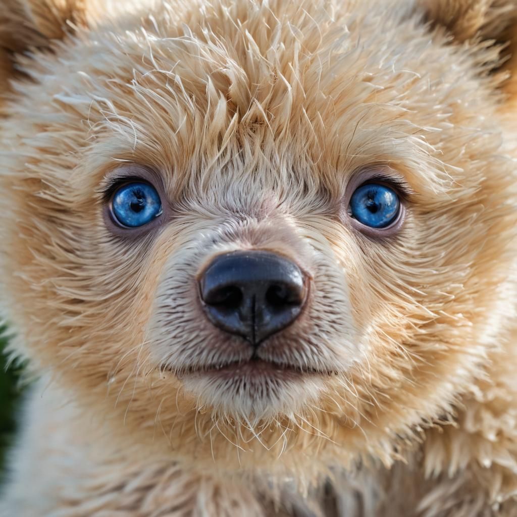 Newborn Bear Cub's Intense Blue Eyes in Sunlight