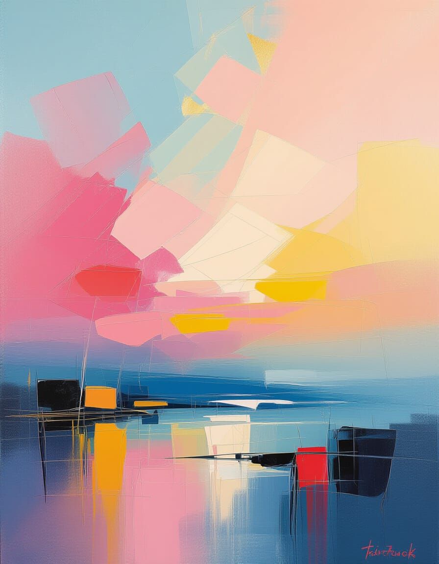 Radiant Impressionistic Painting in Pink, Blue, and Gold