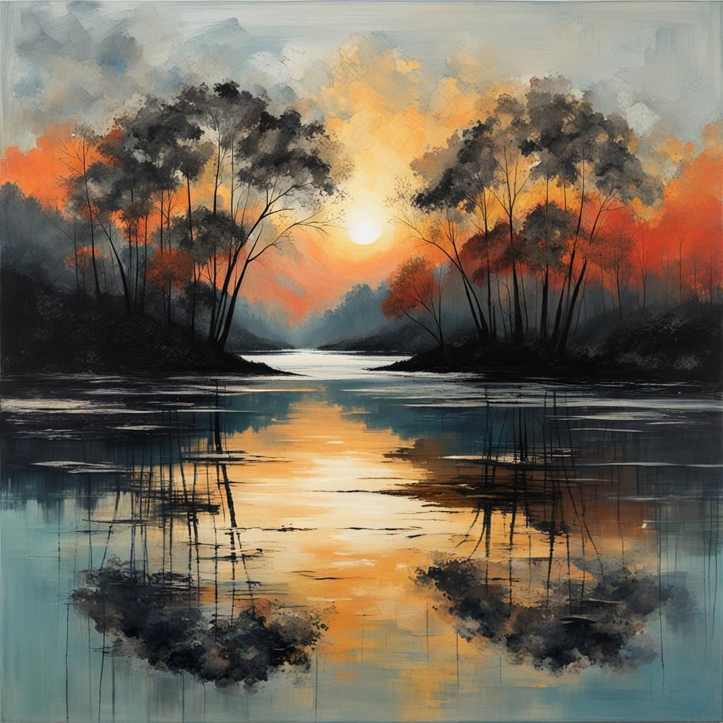 a tranquil riverscape echoing Kim Jung Man's serene style, mirroring a sunrise characterized by grunge and darkness
