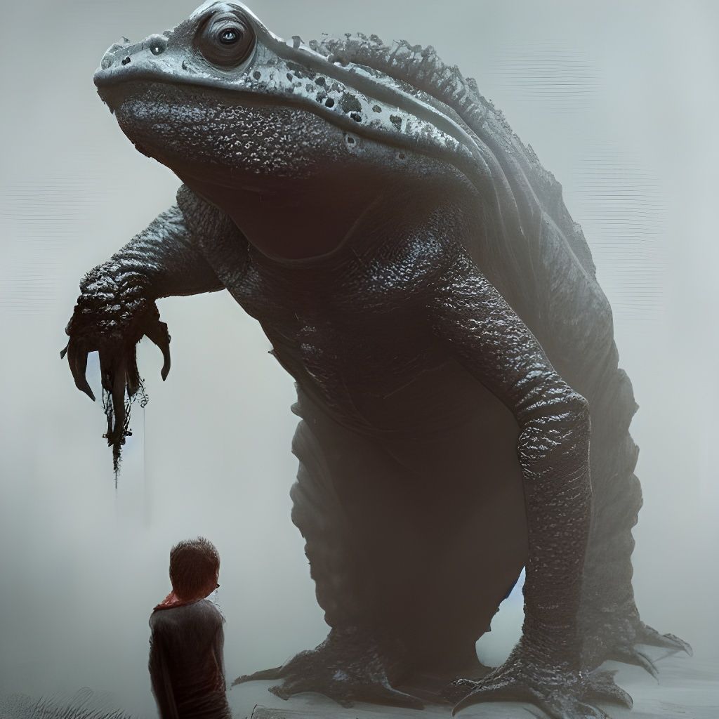 Giant Toad Licks Human in Dark Fantasy Style