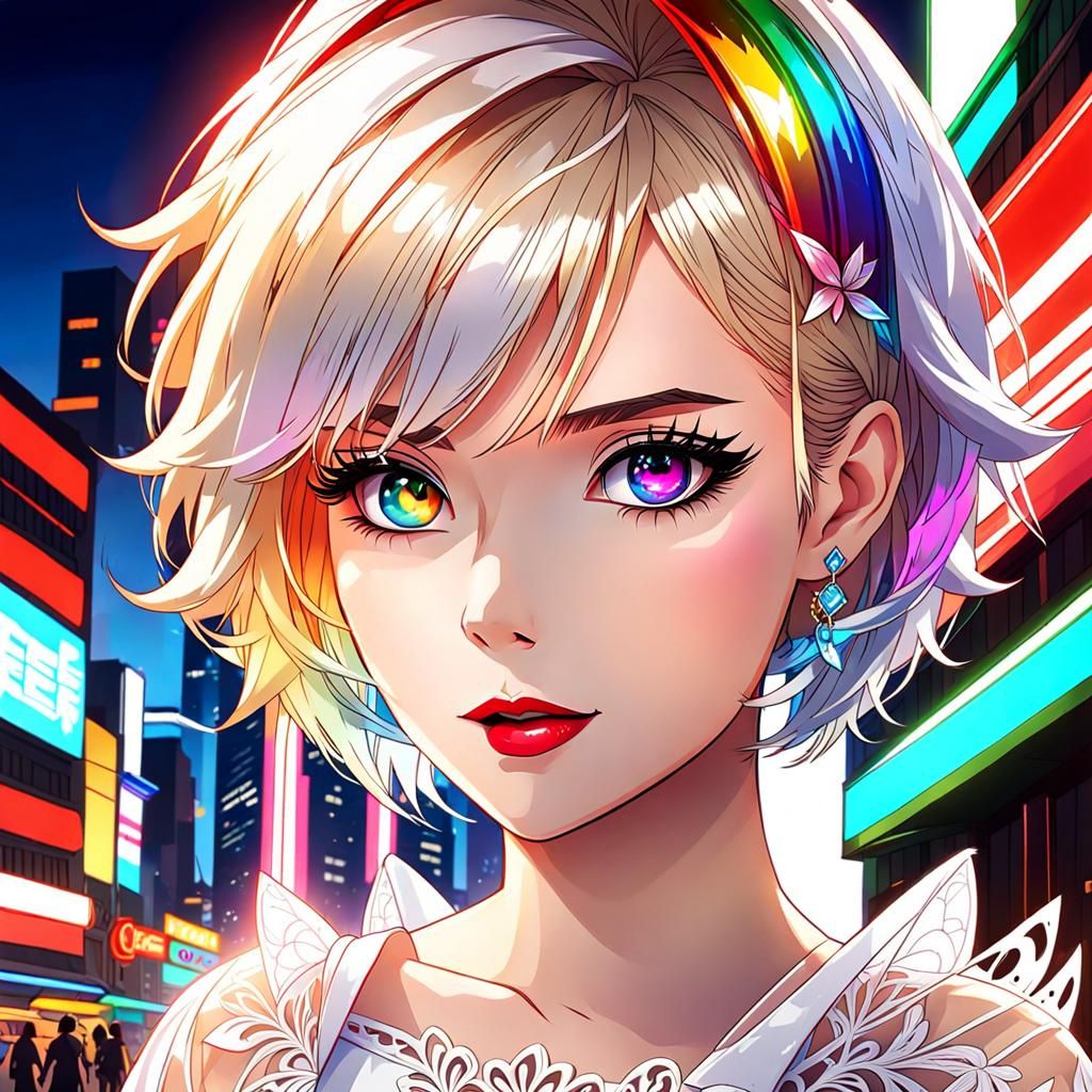 Anime Raver Girl Portrait with Rainbow Eyes