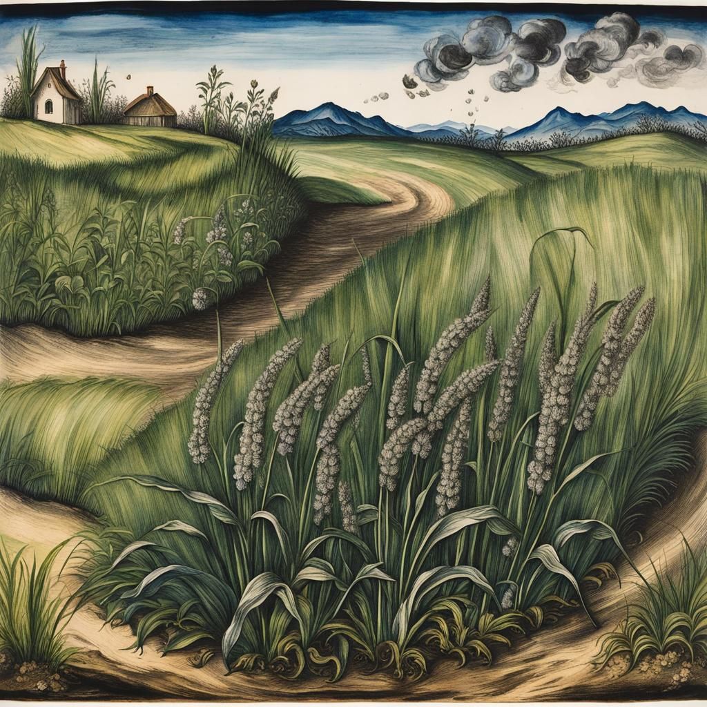 Plantain Grass Botanical Ink Drawing