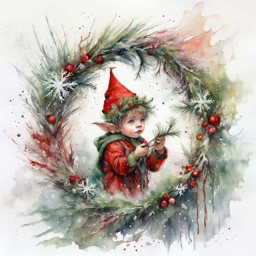 Enchanting Elf Toddler with Pine Wreath in Snowy Wonderland