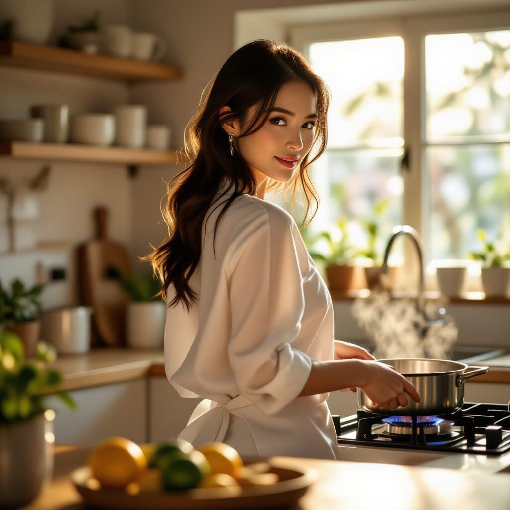 Asian Woman Cooking in Sunlit Kitchen